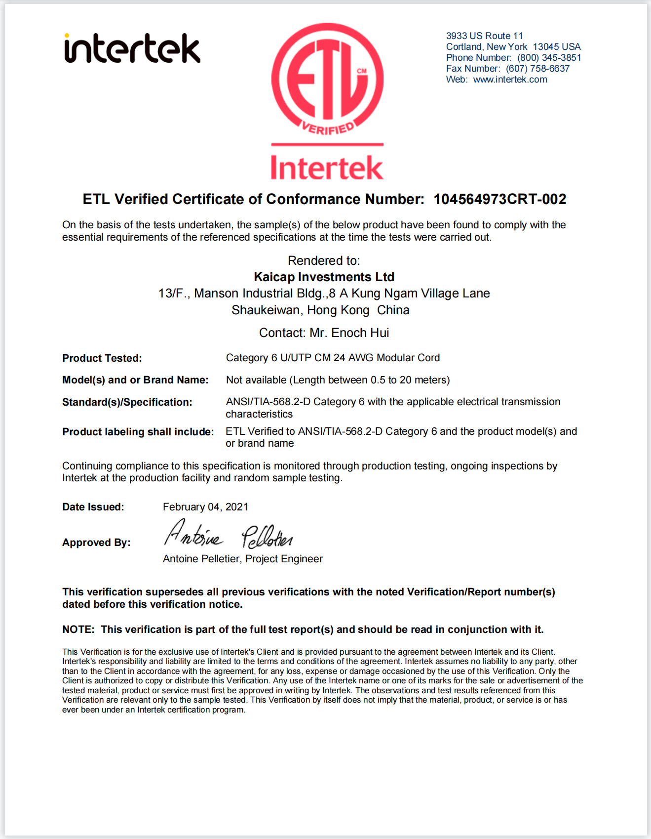 ETL Certificate KAICAP INVESTMENTS LIMITED